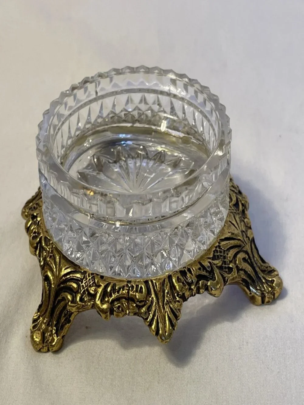 Vintage Crystal Salt Cellar Set Gold Filigree Footed Condiment Jam Bowls Spoon